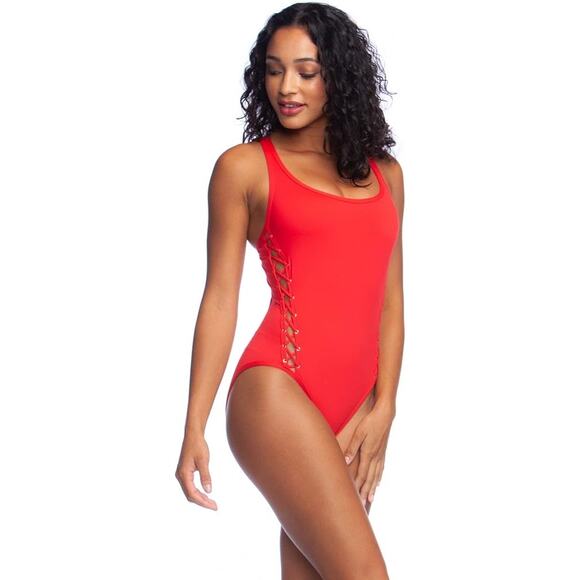 La Blanca Other - La Blanca size Medium 8 10 Lace Up Grommet One Piece Swimsuit Bathing Suit Red